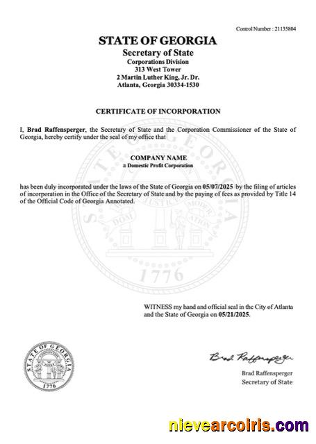 USA Georgia certificate of incorporation